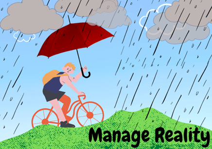 Man cycling over the hill, in the rain, holding an umbrella