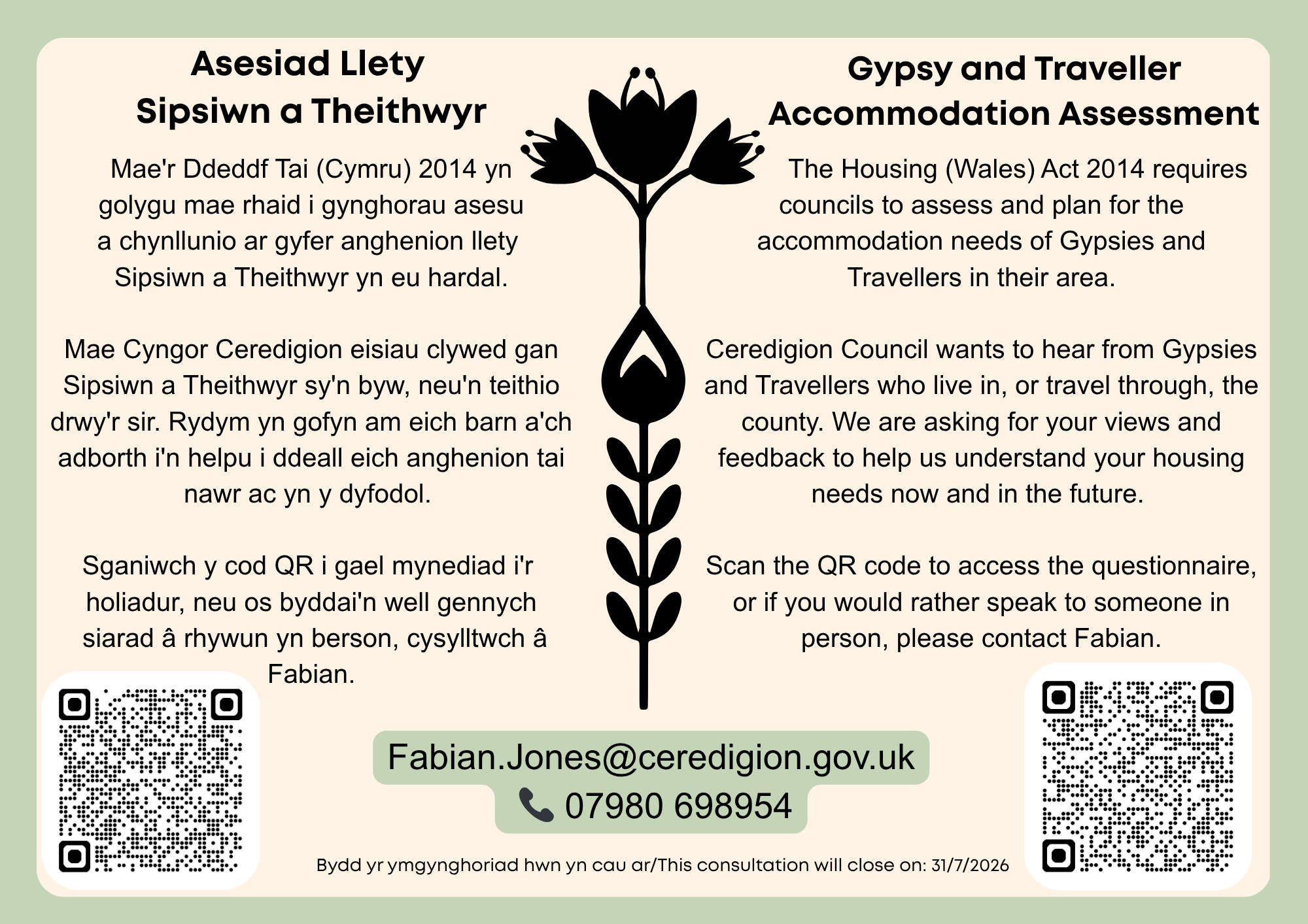 Poster i hysbysebu Asesiad Llety Sipsiwn a Theithwyr