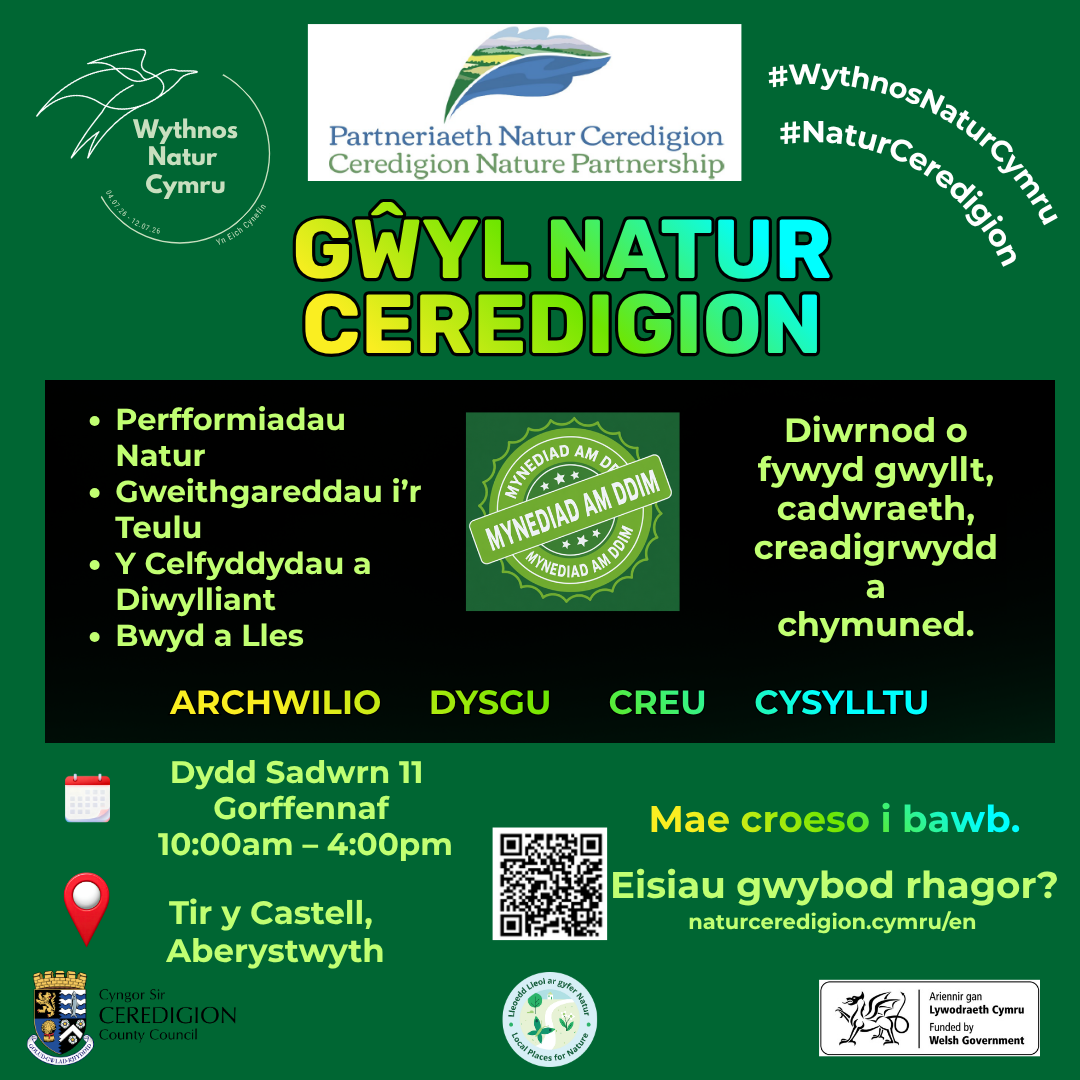 Gŵyl Natur Ceredigion yn dychwelyd i Aberystwyth yr haf hwn