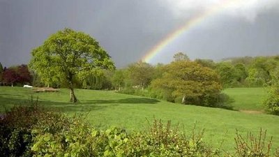 Rainbow going over a field with dark clouds above